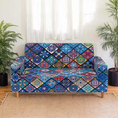 Housse de canapé extensible à patchwork bleu bohème avec attaches, 100 % microfibre de polyester, 231 cm de large, lavable à la machine