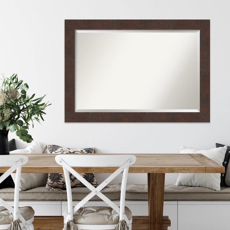Woodgrain Walnut Brown Rectangular Bathroom Vanity Mirror with Silver Accents