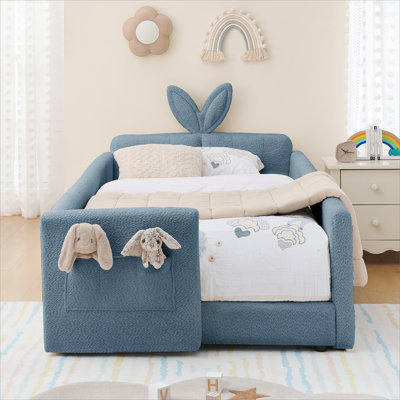 Twin Size Upholstered Platform Bed with Cute Rabbit Ear Shaped Headboard, with Safety Rail and Pocket, Boucle Fabric, Sky blue