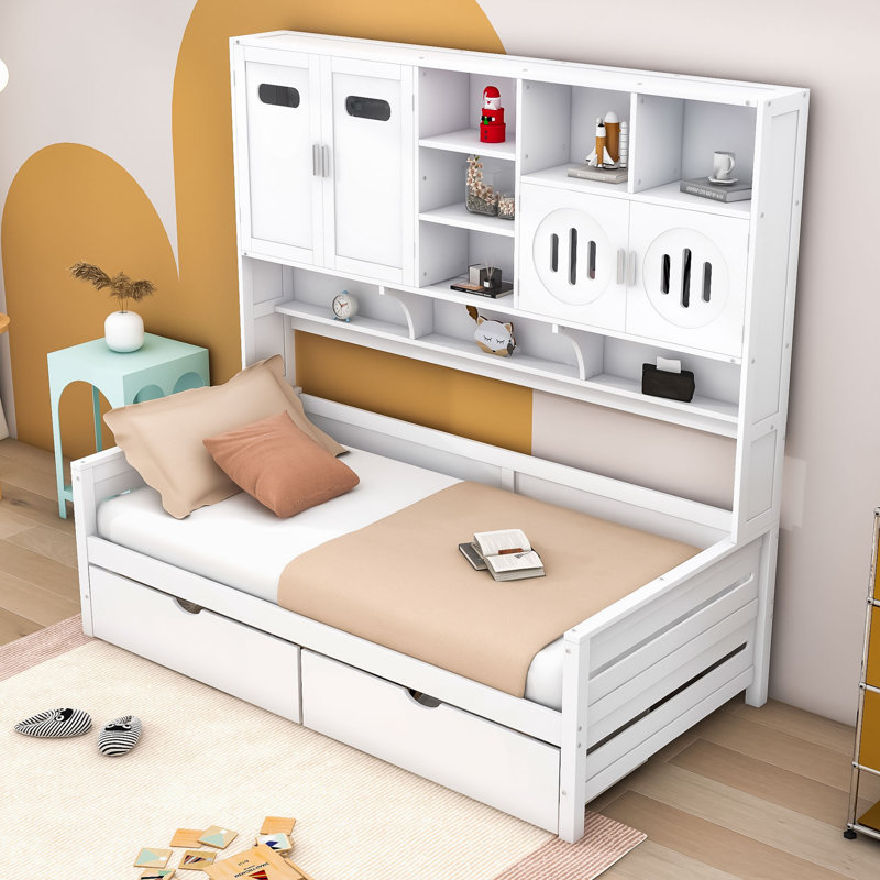 Lit de jour en bois avec armoire et tablette Wellsville, Lit simple, Blanc