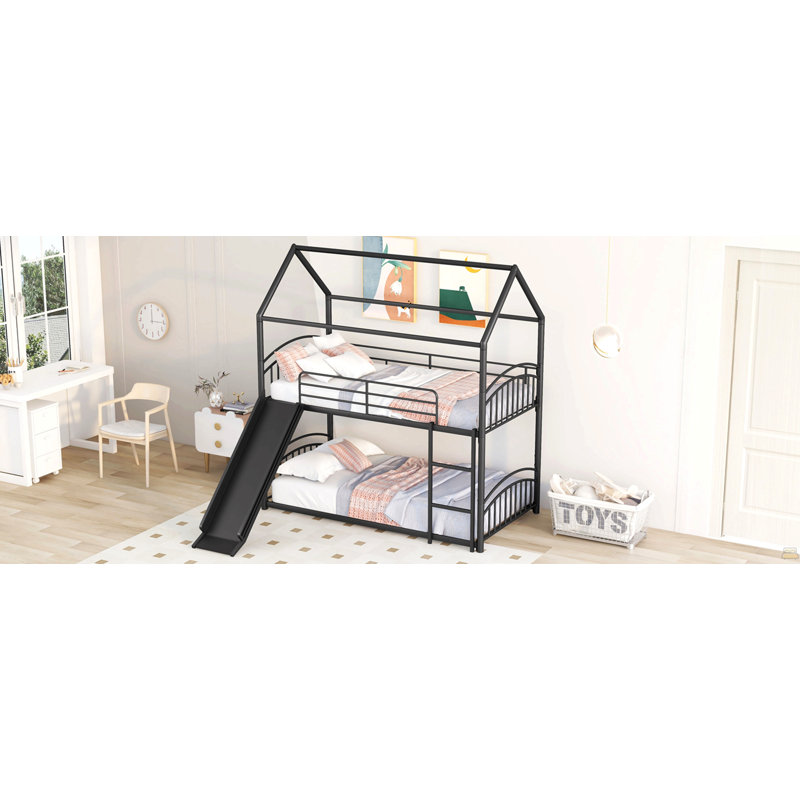 Lit superposé simple au-dessus d'un lit simple en métal avec glissade, lit pour enfant, noir