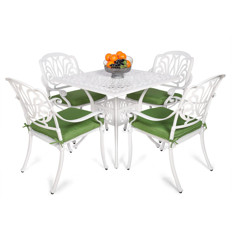 Kolle 4 - Person Patio Dining Set with Square Table , Cushions Included, Green/White