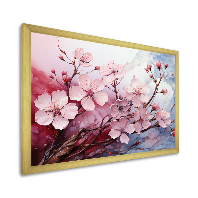 Pink Blossom Cheery Tree Wind I - Cherry Wall Art, Gold Closed Corner Framed, 12" H x 20" W x 1" D