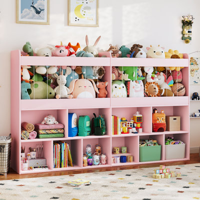 39.4"H Toy Storage Organizer, 10 Open Cube Bookcase & 240L Kids Stuffed Animal Storage, Extra Large Wooden Kids Bookshelf for Playroom, Kids Room, Nursery, Living Room(Pink)