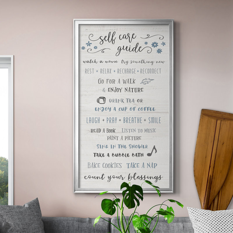 «Self Care Guide», art textuel sur toile, H 14,5 po x l 26,5 po x P 1,5 po, Cadre argenté