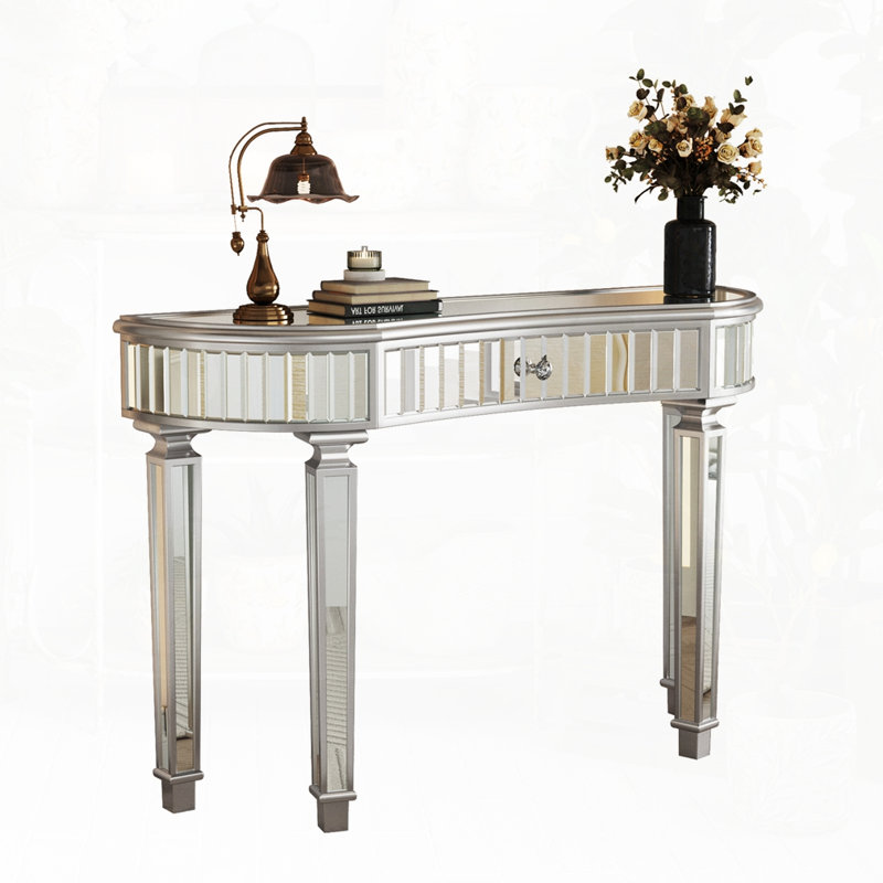 47" Half-Moon Mirrored Console Table With Glass And Drawer, Gray