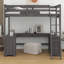 Lit mezzanine double en bois avec bureau en U, tablettes de rangement et tiroirs-1016246015