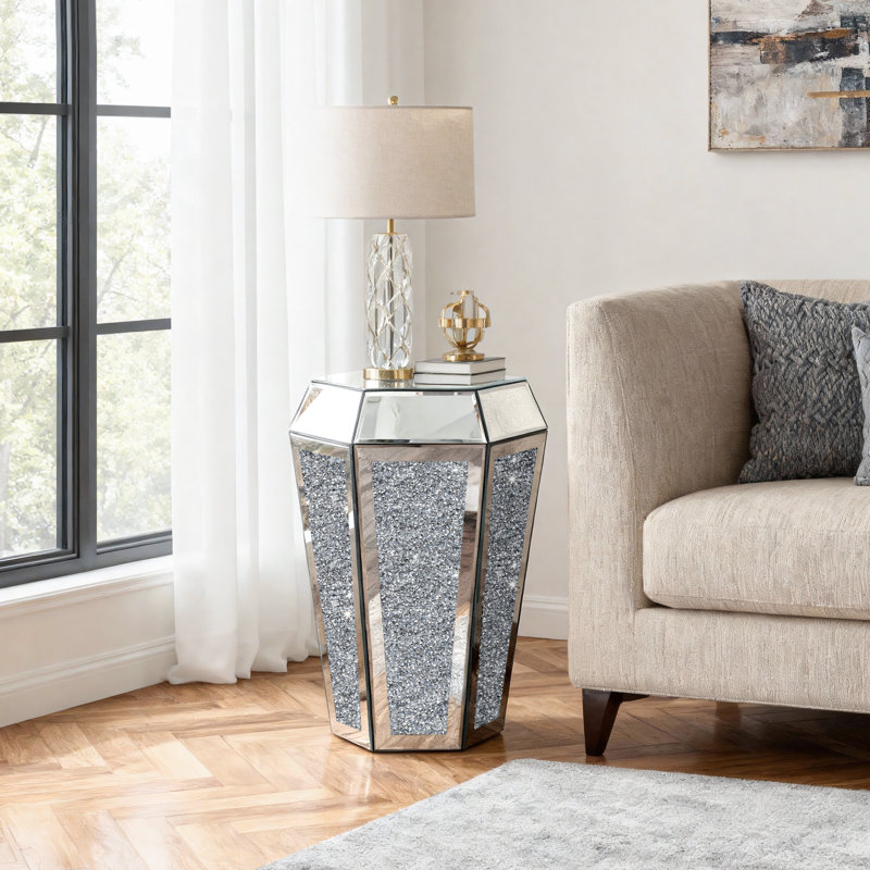 Amla 22" H Geometric Mirrored Glass End Table Crystal Inlaid 