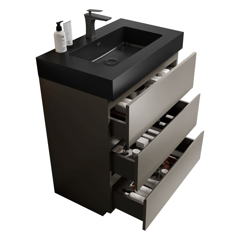 Meuble-lavabo moderne 30 po - Grande capacité de rangement au fini gris, lavabo silencieux noir, tiroirs lisses