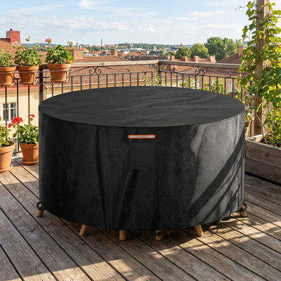 Housse ronde pour table de patio, tissu Oxford imperméable, résistant aux déchirures et aux rayons UV de 70 pouces avec conception de ventilation, cordons de serrage et bandes réfléchissantes