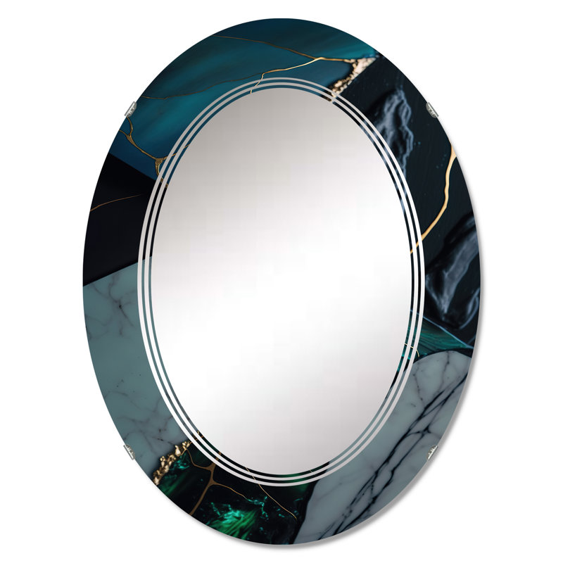 Okémie abstraite Geode Green IV - Miroir mural abstrait en marbre, 30 po x 20 po