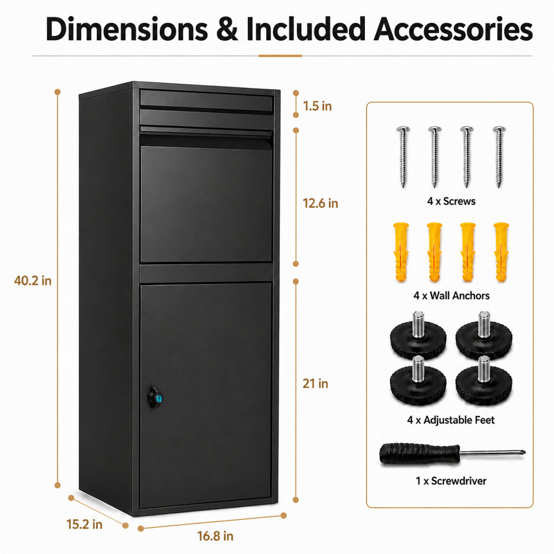Boîte de livraison verrouillable noire de 40,2 po de hauteur, boîte de dépôt en acier imperméable pour porche, bord de trottoir et usage extérieur
