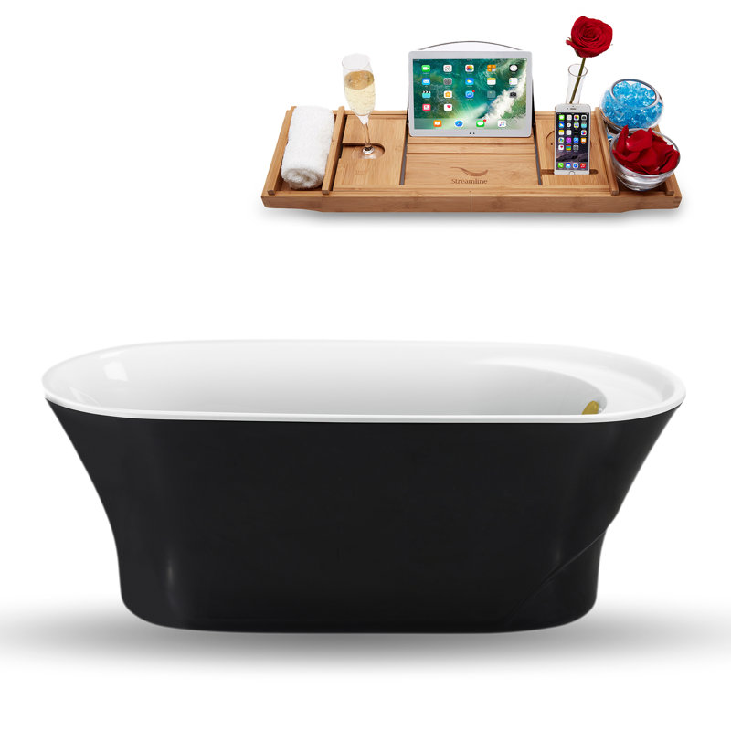 Baignoire de trempage autoportante 59 "avec drain et plateau en bambou 59" Streamline, Or brossé