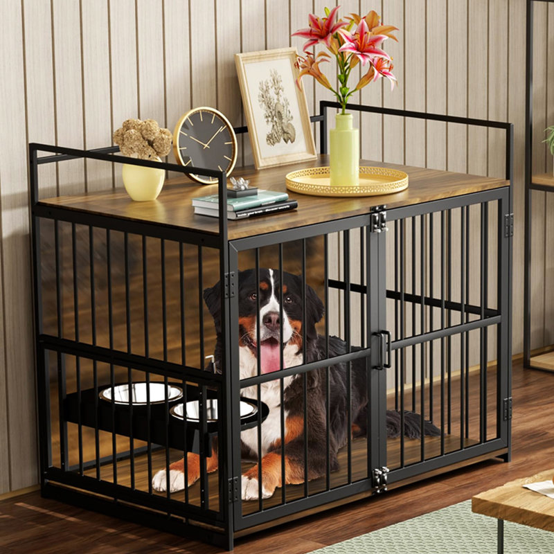 Grande cage pour chien de 48 po avec processus d'installation facile et installation surélevée réglable, Naturel
