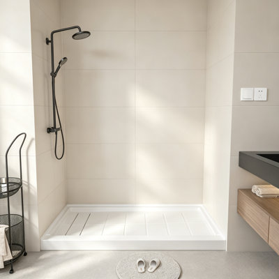 60" x 32" White Solid Surface Shower Base & Drain Cover Included, Non-Slip Texture Shower Pan, Left Drain Location