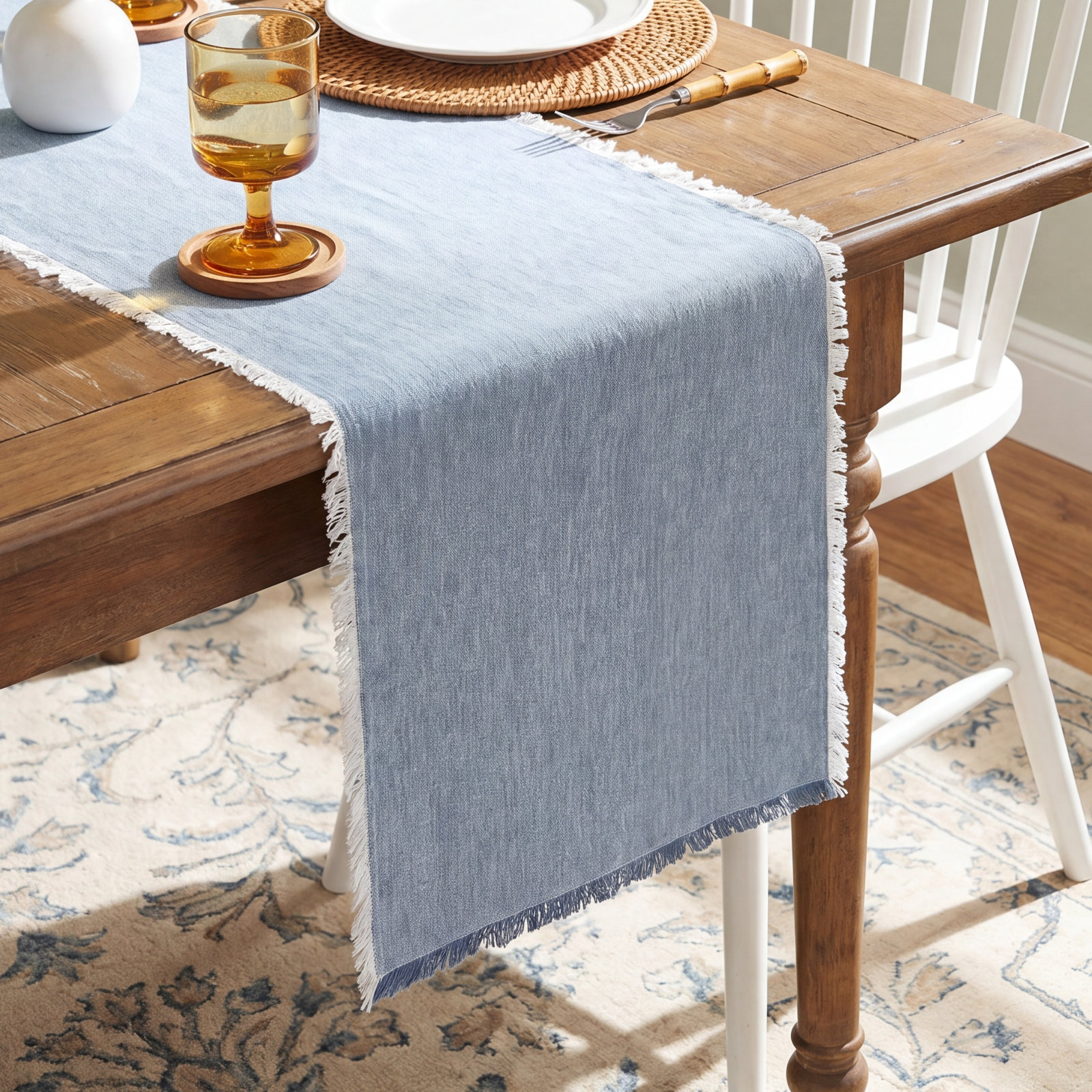 over&back Woven Frayed Chambray 108" Table Runner, 18" W x 90" L, Blue