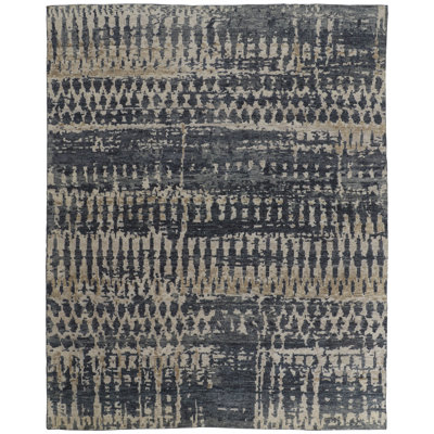 Tapis abstrait en laine noué à la main bleu / brun clair / gris Sabria