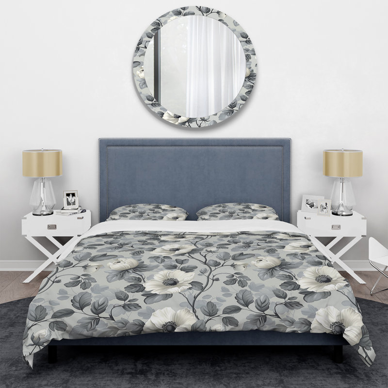 Ensemble de housse de couette Grey White Floral Dream III - Glam, Housse de couette simple + 2 taies décoratives st