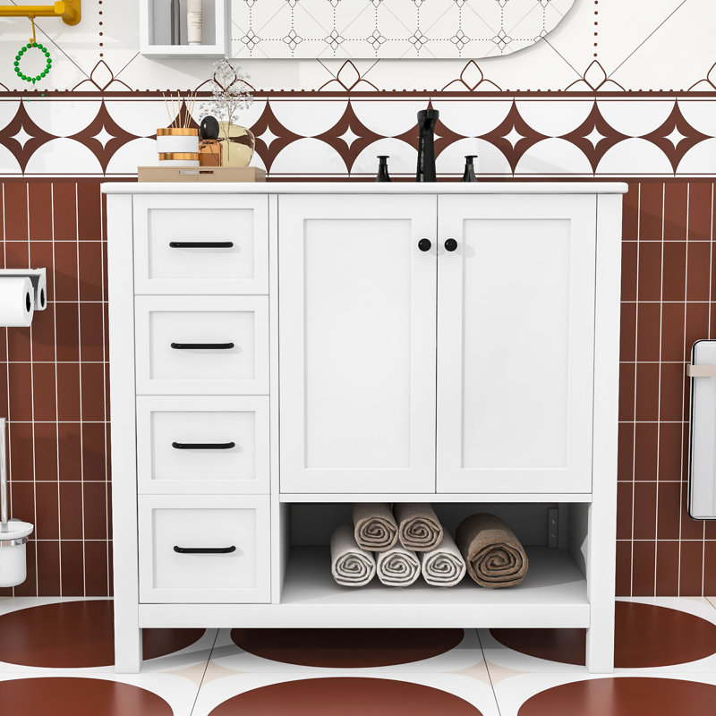 Meuble-lavabo élégant 36 po avec lavabo, rangement fermé, Blanc