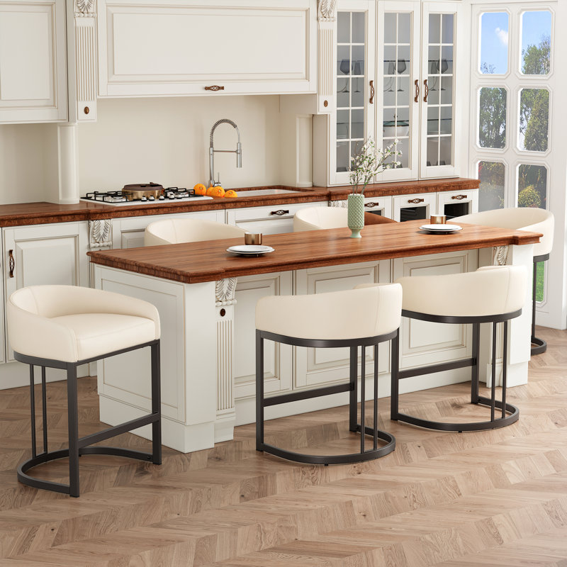 Tabouret de comptoir rembourré en cuir de polyuréthane avec structure en métal, Beige
