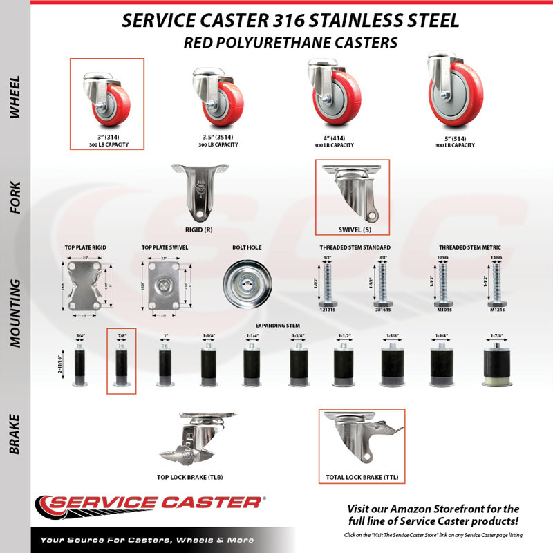 Ensemble de roulettes extensibles 3 pouces en acier inoxydable 316SS pivotant 7/8 pouces