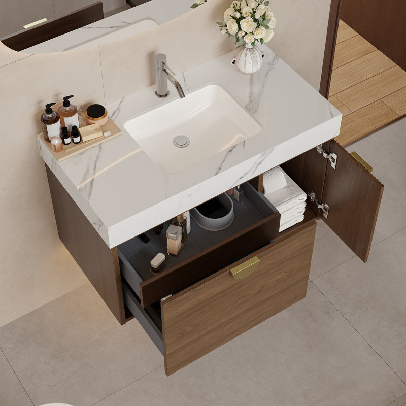 Tanzie 36"Modern Single Bathroom Vanity with White Glossy Stone Table Top, Pre-Assembled, Brown