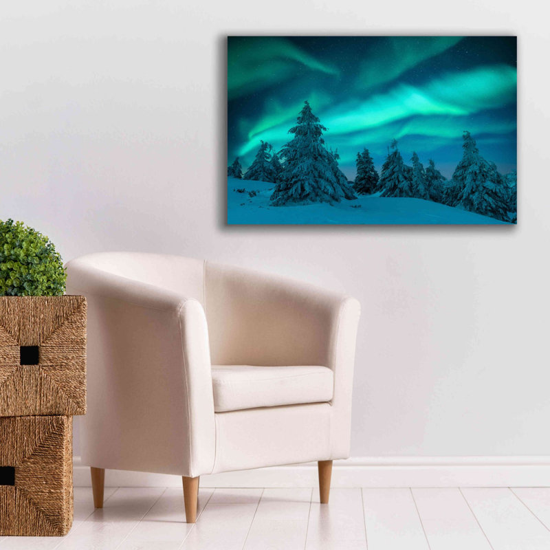«Northern Lights In Winter Forest 2» par Epic Portfolio, estampe numérique sur toile, H 26 po x l 40 po x P 1,5 po