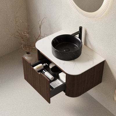 Dina 30" Bathroom Vanity&Sink, Floating Curved Edges Striped Storage Cabinet With Drawer, Stone Black Round Ceramic Basin&Carrara White Sintered Stone Top, Pre-Assembled, Dark Walnut Woodgrain Color