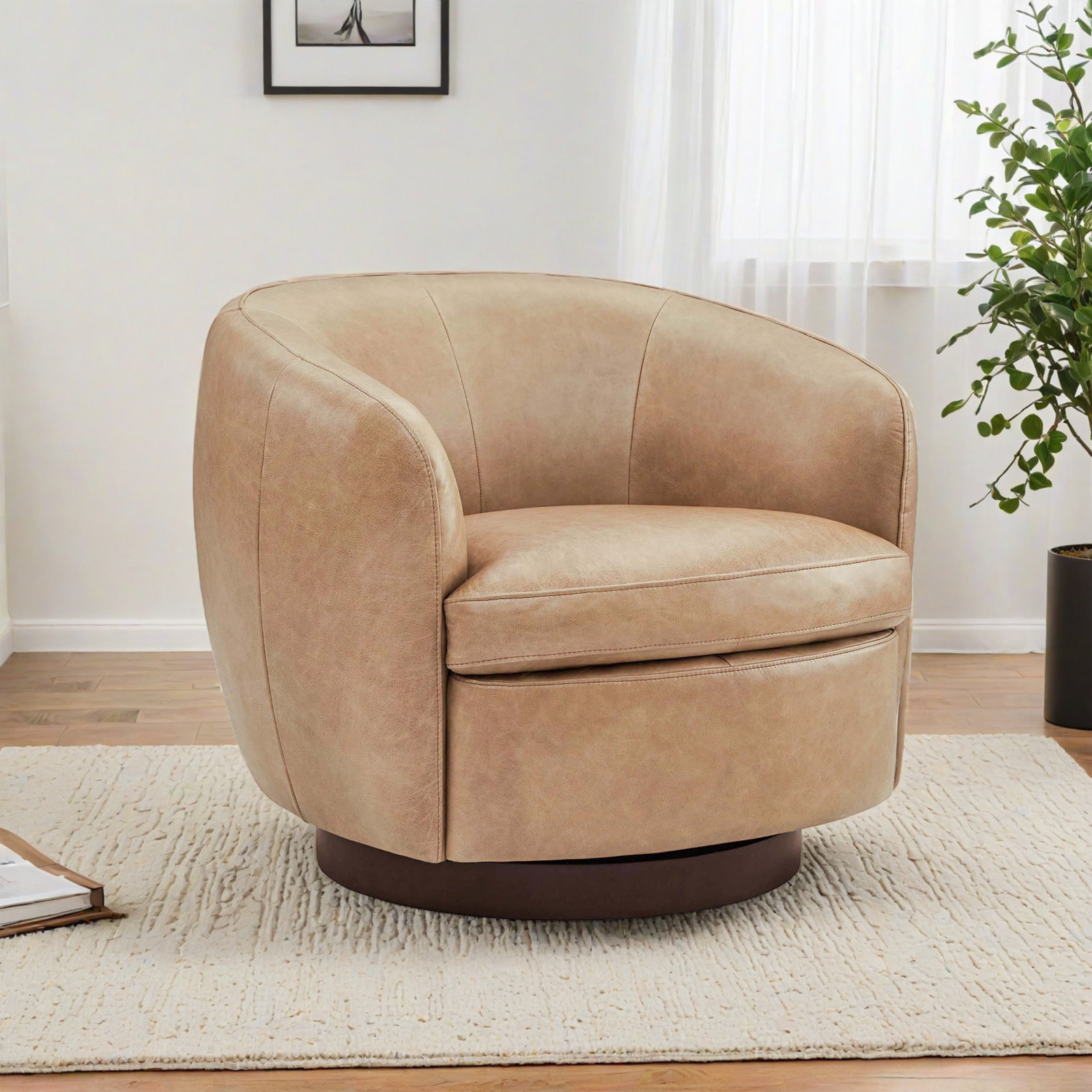 Marcy Vegan Leather Swivel Barrel Chair, Copley Tan Vegan Leather