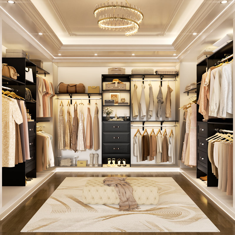 20'' - 96'' W Closet System with Wooden Drawers and Hanging Rods(Cut to Fit), Black