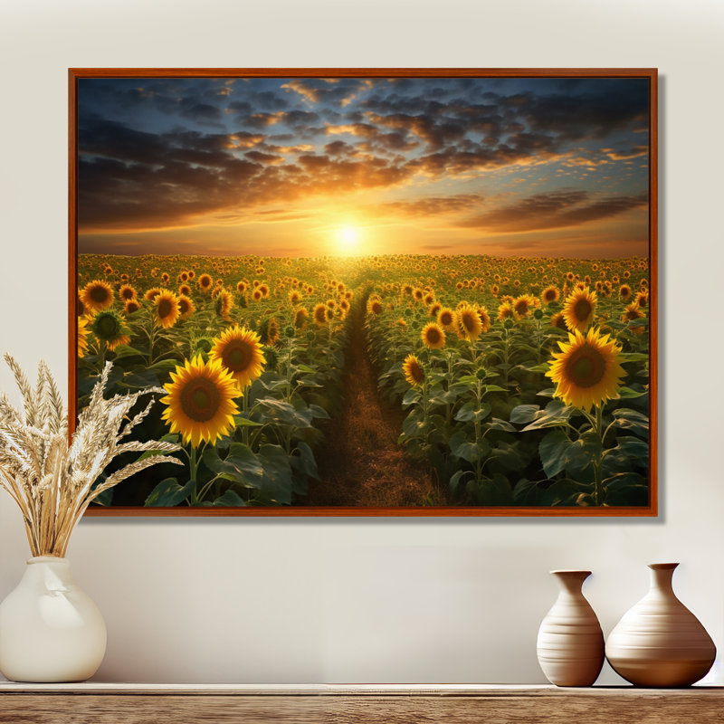 Tournesol doré panoramique - décoration murale florale, 12" H x 20" W, Cadre flottant brun