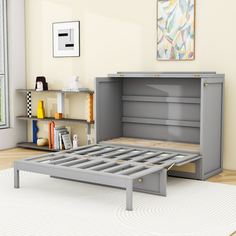 Lit escamotable double avec design en rotin élégant et tiroir de rangement intégré, Gris
