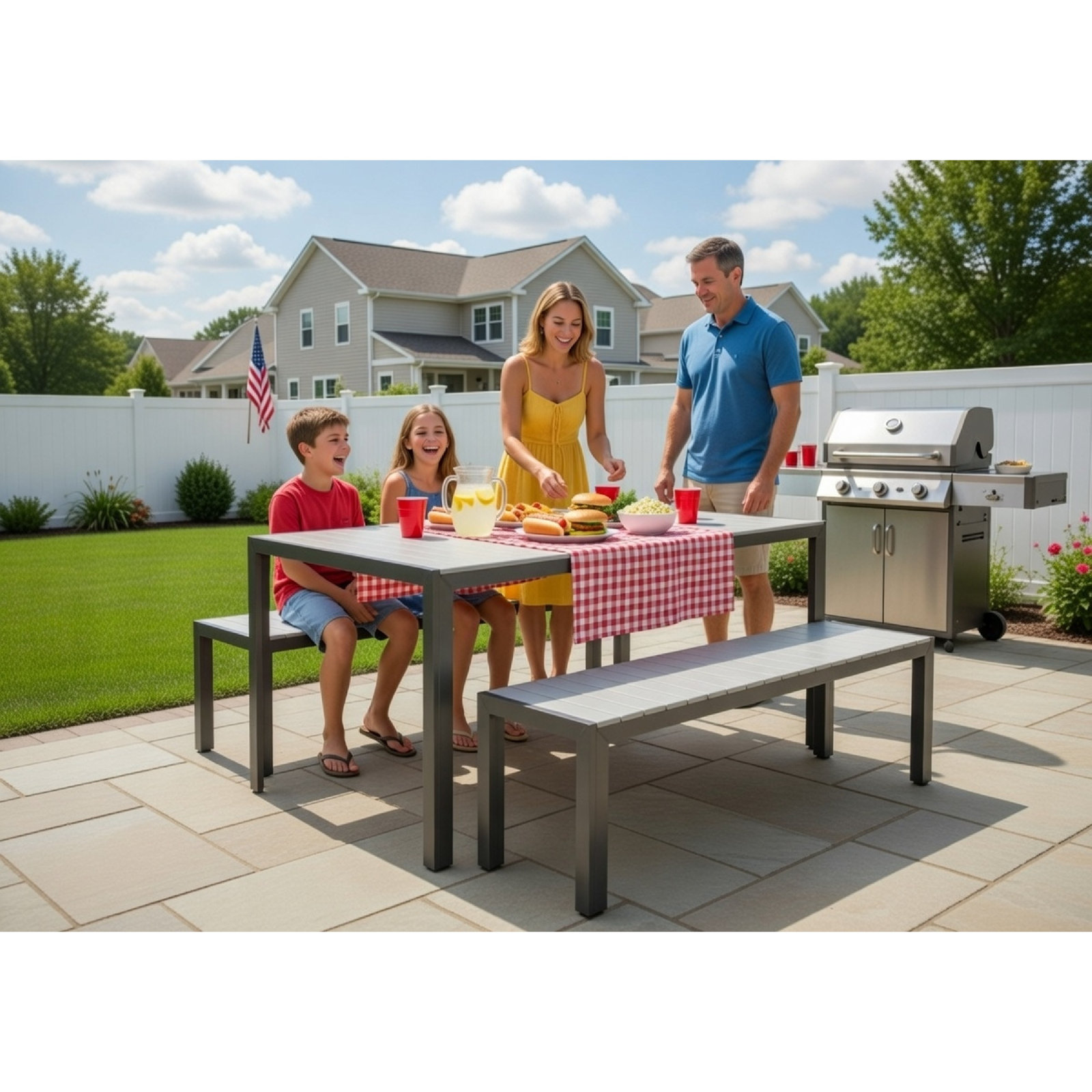 Joel 59" Patio Dining Set, Silver Frame/ White