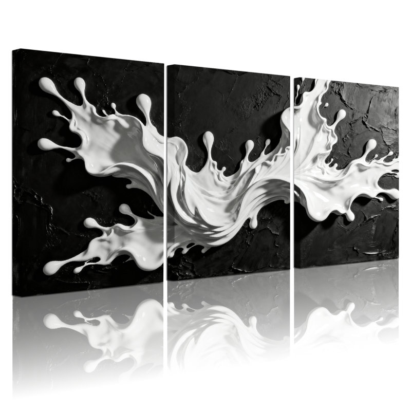 Abstrait éclaboussure blanche sur fond noir, ensemble de 3 reproductions d'art sur toile, H 18 po x l 36 po