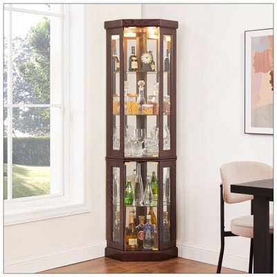 Vitrine de coin lumineuse - Vitrine pour le salon, objets de collection antiques, rangement pour le vin et le bar - Conception élégante d'angle avec lumières incluses - Cerisier foncé
