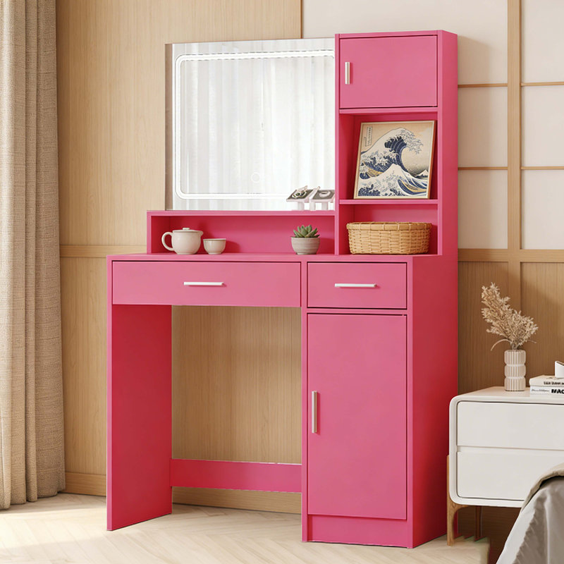 Vanity Desk With Mirror And LED Light Strip,Dressing Table With Large Drawer, 3 Level Storage Dresser & 3 Lighting Modes Adjustable Brightness, Suitable For Bedroom(Rose Pink)