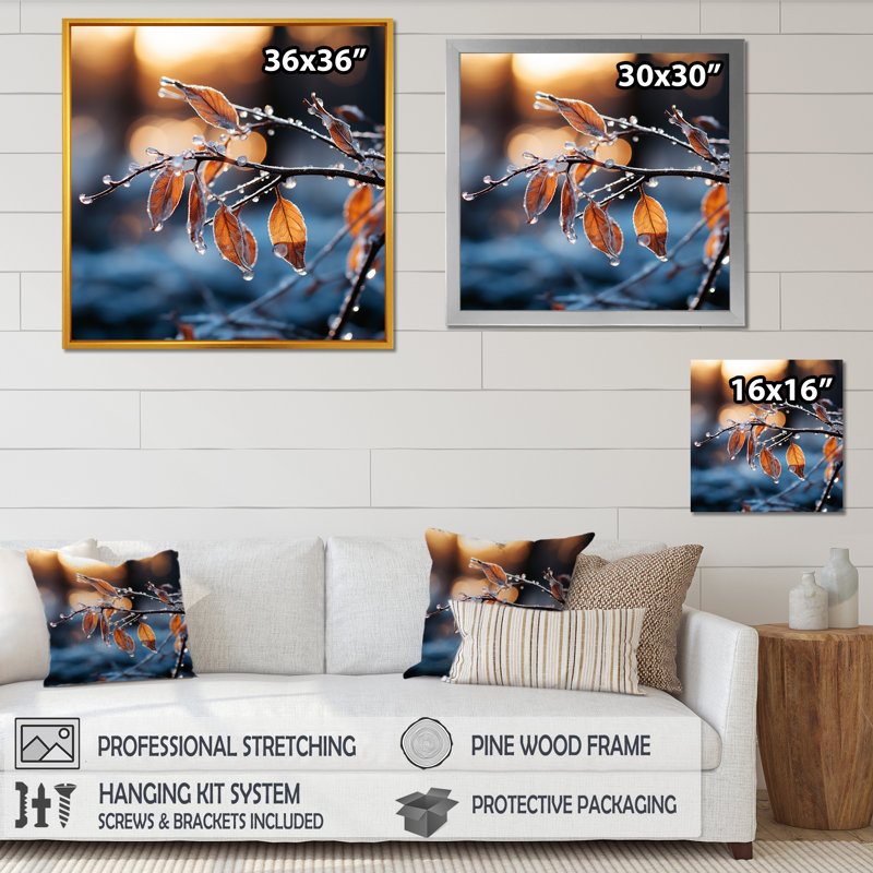 «Frosted Leaves Winter Serenade II», art mural fruits, Cadre simple noir, H 30 po x l 30 po x P 1,5 po