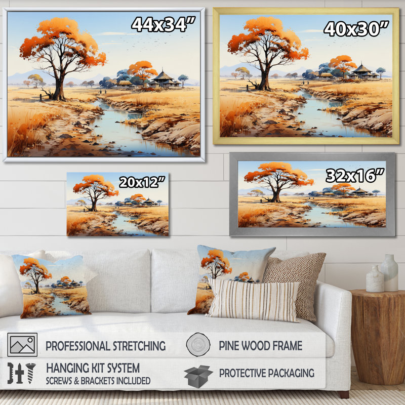 «Orange Orange Beige, Village africain, Visions I», reproduction sur toile, Cadre flottant noir, H 34 po x l 44 po x P 1,5 po