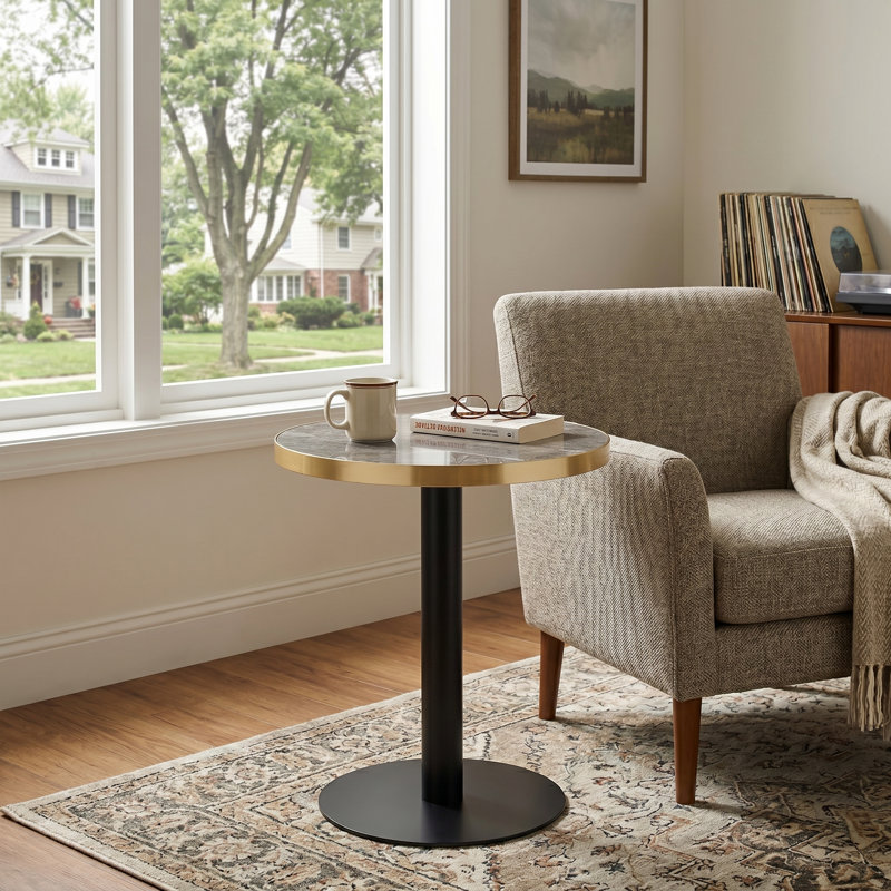 Petite table de salle à manger moderne, table de salle à manger ronde de 23,6 po avec bordure en acier inoxydable, base en métal robuste, table de cuisine peu encombrante pour appartement, coin repas et salle à manger
