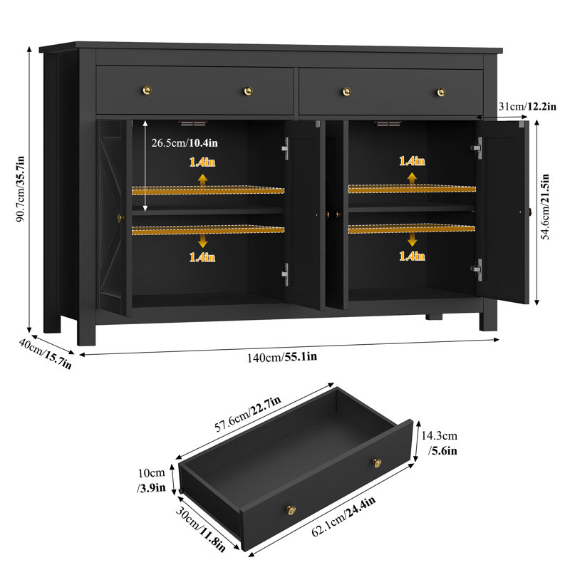 Zosia 55.1" Modern Sideboard Buffet, Credenza Storage Cabinets, Adjustable Shelves, Black