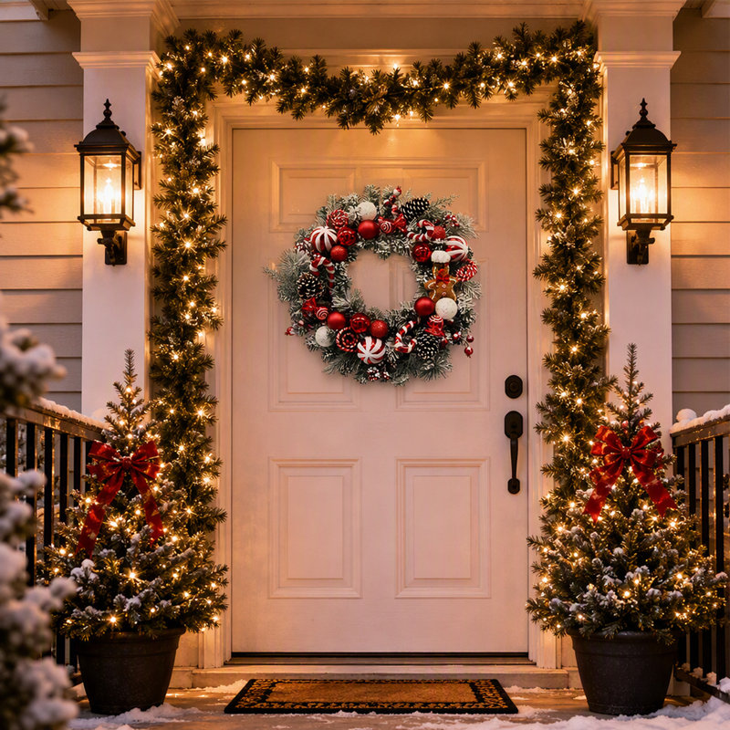Couronne de Noël pré-illuminée de 61 cm avec bonhomme en pain d'épice, 20 lumières DEL, couronne de Noël artificielle en pin pour la décoration intérieure ou extérieure