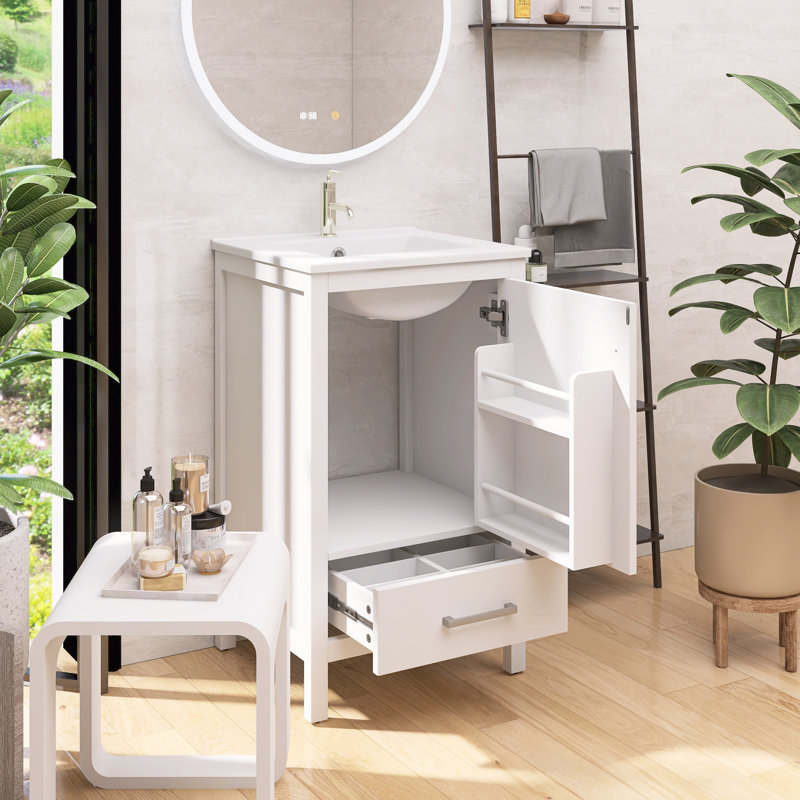 Meuble-lavabo gain de place avec lavabo en céramique, tiroirs à fermeture douce, organisateur de porte, tiroir séparateur et pieds en plastique réglables.
