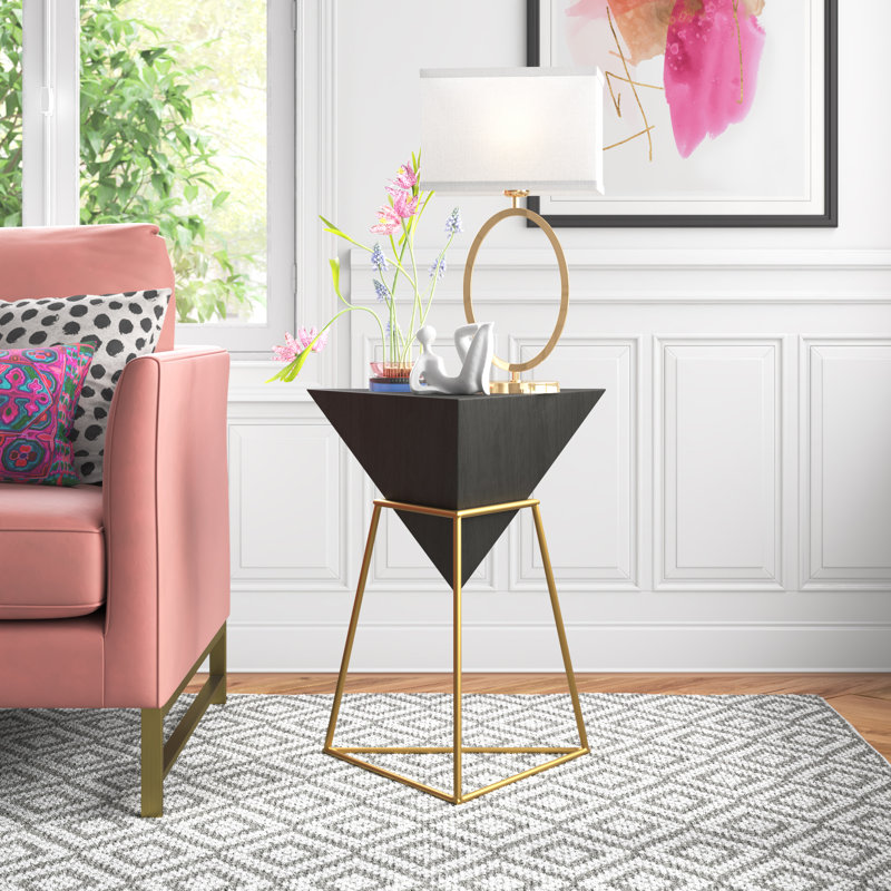 Irenej Wood Inverted Pyramid Geometric Side End Accent Table with Metal Stand, Black, White