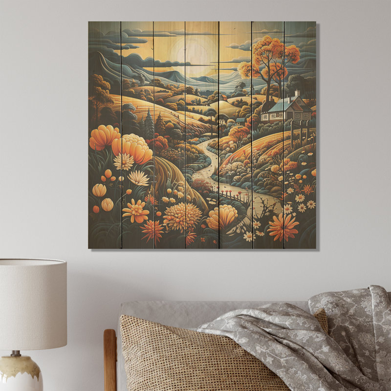 Paysage de fantaisie colorée en campagne IV - Paysage romantique sur bois, H 15 po x l 15 po