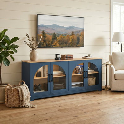 Farmhouse 70-Inch TV Stand with Semi-Arched Glass Doors Two-Tone Blue Natural Media Console with Adjustable Shelves and Cable Management for Living Room