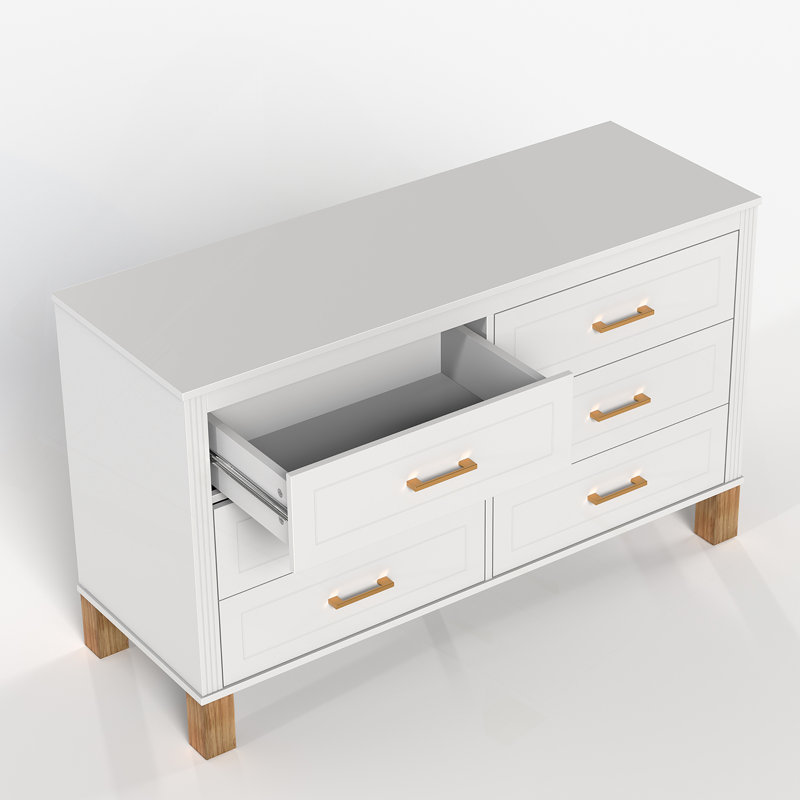Commode 6 tiroirs, commode de rangement moderne avec poignées en métal et pieds en bois massif, Blanc