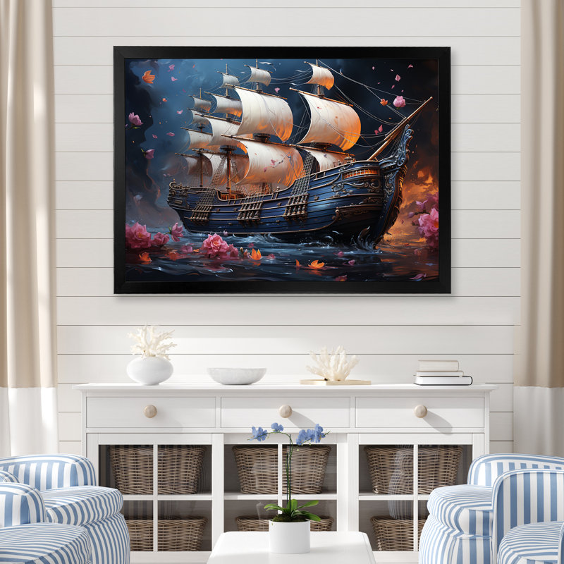 Pirate Ship Nightly Voyage III - Art mural pirate, Cadre d'angle fermé noir, H 24 po x l 32 po x P 1 po