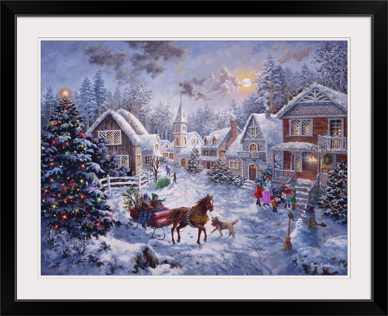 « christmas art merry christmas » par nicky boehme, reproduction d’art, H 26 po x l 32 po x P 1 po, Cadre noir