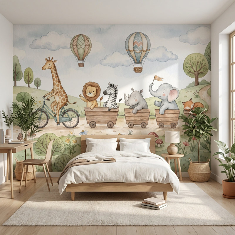 Animaux, paysage, dessin animé, décoration murale, 120" x 96", Peler et coller