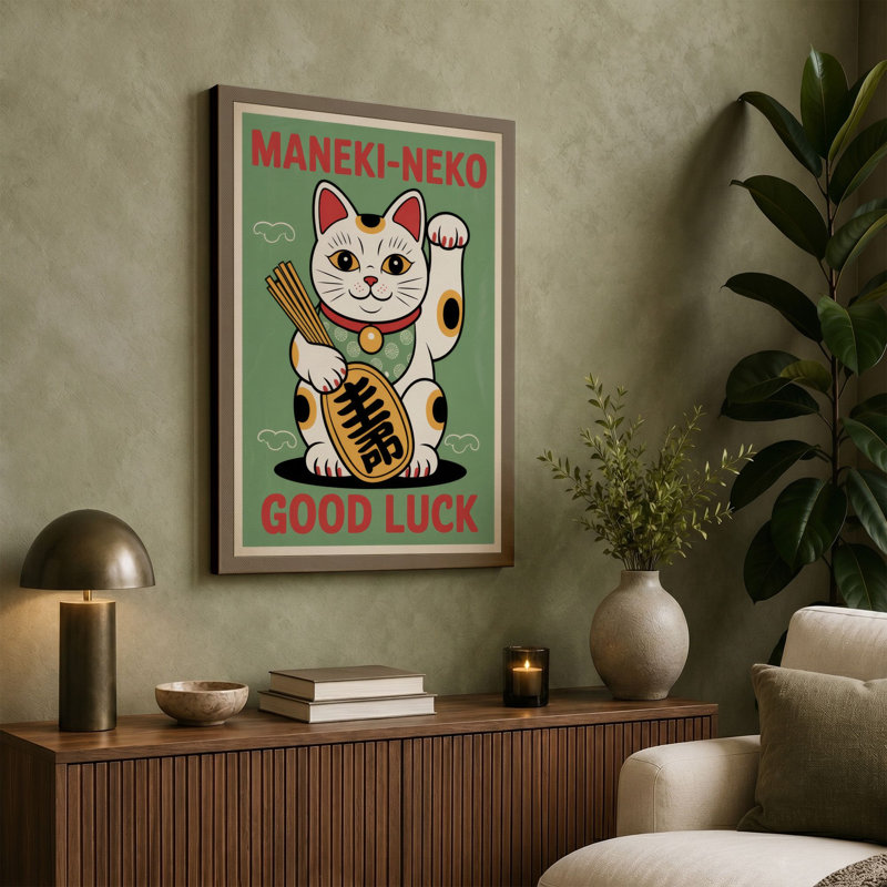 Lucky Cat Welcomes Japandi - Wrapped Canvas, 30x20 - 76.2 x 50.8 cm, Taupe Border